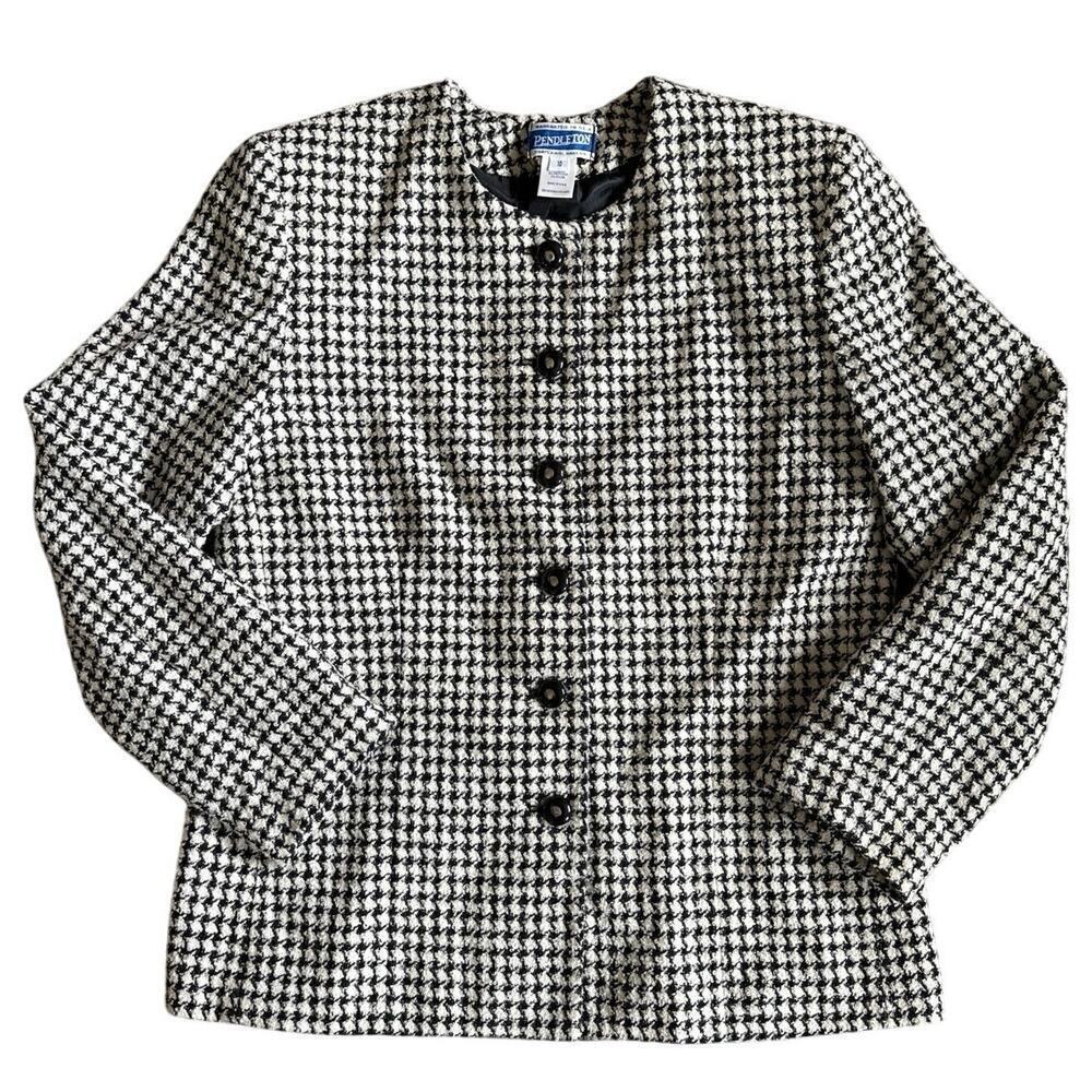 Vintage Women’s Pendleton Houndstooth Wool Tweed Blazer Jacket Black Size 10